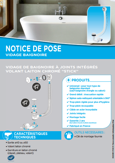 Notice de pose vidage baignoire à joints intégrés site 2017